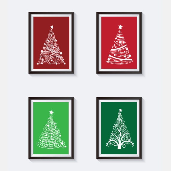 Set of Four Printables, Christmas Trees, Wall Art, Home Decor, Christmas in July, 5x7 Prints, Red and Green, Holiday Decor, Seasonal, Art Il_570xn
