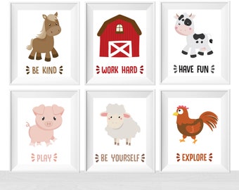 Printable Nursery Baby Toddler Farm Animal Theme Wall Art Print, Cute Bedroom Ideas, Red Barn, Sheep Horse Cow Pig Chicken Quote