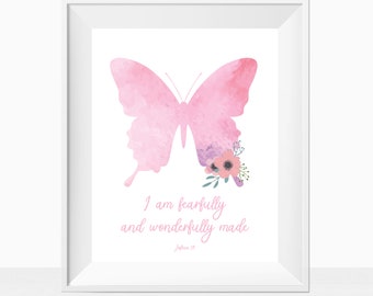 Printable Bible Verse Nursery Print, Pink Butterfly Wall Art Christian Home Decor, Baby Girl Toddler Children Room Quote, Decorating Ideas