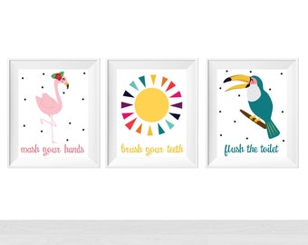 Printable Tropical Wall Art for Bathroom, Kids Child Bathroom Theme, Flamingo Toucan Sun Wash Brush Flush, Home Decor Wall Art Print