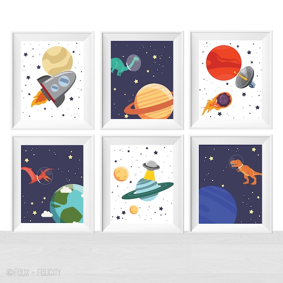 Printable Dinos in Space Theme Children's Room Wall Art Prints, Planet Nursery Decor, Outer Space Nursery Signs 8x10, Dinosaur Bedroom Il_570xn