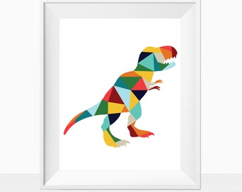 Printable Wall Art - Colorful Geometric Dinosaur - Boy Room Home Decor - Modern Instant Download - Playroom Decoration - Dino Theme Print