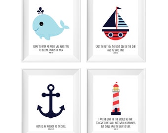 Printable Nursery Wall Art Nautical Theme, Bible Verses, Whale Anchor Ship and Lighthouse, Baby Toddler Scripture Quotes, Christian Gift