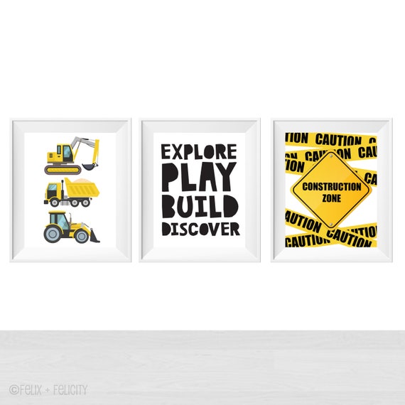 Printable Construction Zone Kids Bedroom Set of 3 Prints, Boy Playroom Wall Art Quote, Nursery Theme Decor Ideas, Explore, Build, Discover Il_570xn