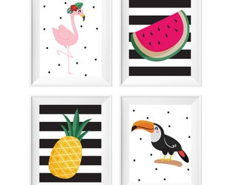 Printable Nursery Wall Art Tropical Theme, Girls Bedroom Playroom Print, Flamingo Toucan Fruit, Cute Kids Room Decor, Baby, B&W Stripe