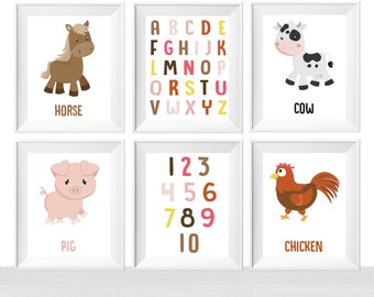 Printable Nursery Baby Toddler Farm Animal Theme Wall Art Print, Bedroom Ideas, ABC Alphabet and 1-10 Numbers, Horse Cow Pig Chicken