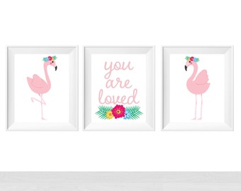 Printable Wall Art for Baby Girl Nursery, You Are Loved Flamingo Quote, Tropical Theme Toddler Bedroom, Kids Decor Prints, Pink Flower