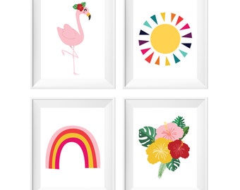 Printable Nursery Wall Art Tropical Theme, Girls Bedroom Playroom Print, Flamingo Rainbow Flower Sun, Cute Kids Room Decor, Baby