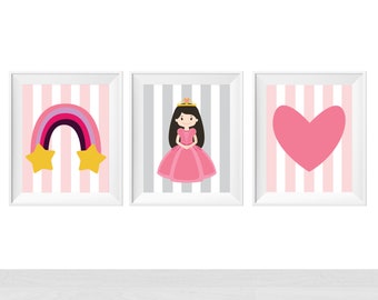 Printable Little Girls Room Princess Theme Wall Art Print, Baby Girl Nursery, Toddler Bedroom Sign, Rainbow, Heart, Stripes, Set of 3, Cute