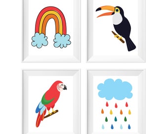 Printable Nursery Wall Art Tropical Theme, Gender Neutral Playroom Print, Rainbow Toucan Parrot Cloud, Cute Kids Room Decor, Baby