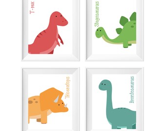 Printable Dinosaur Wall Art, Baby Boy Nursery Theme, Boys Room Decor, Dino Prints, Instant Download, Set of 4, Colorful Playroom