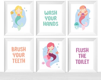 Printable Mermaid Girls Room Decor Wall Art Theme Sign, Wash Brush Flush Rhyme Bathroom, Baby Girl Nursery, Toddler Playroom, Cute Ideas