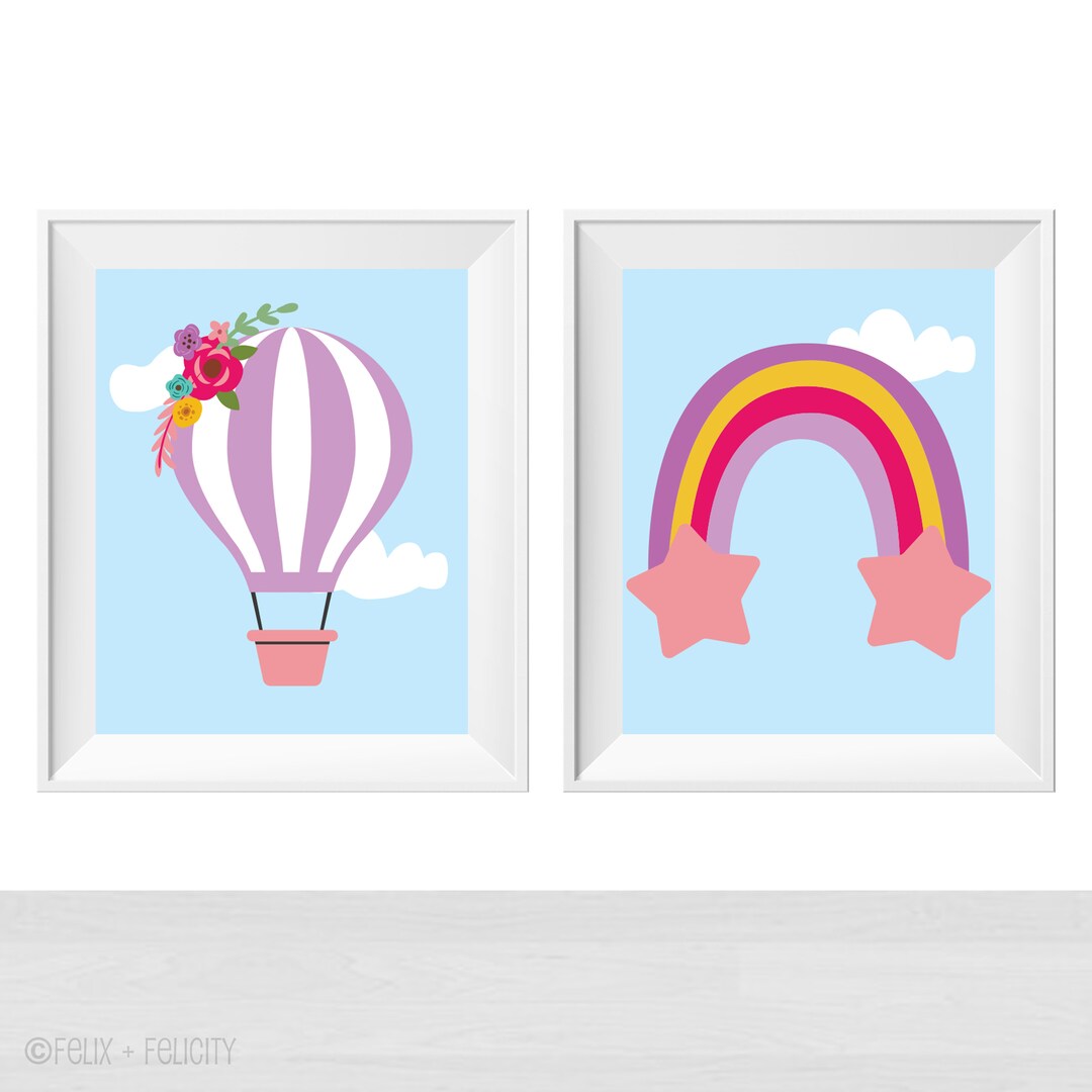Printable Baby Girl Nursery Hot Air Balloon and Rainbow Print Set, Pink ...