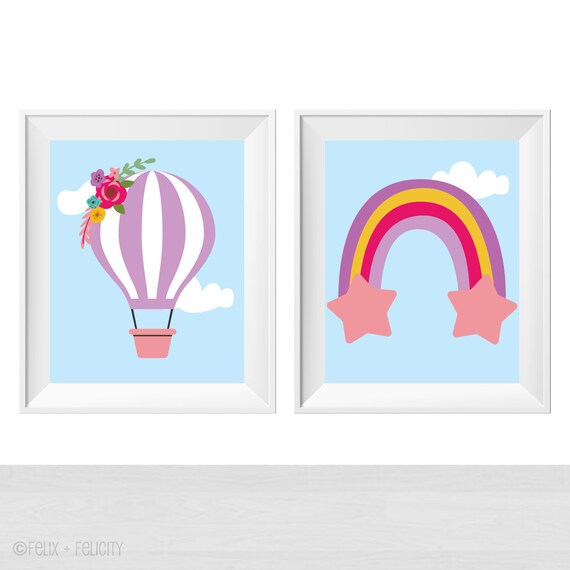 Printable Baby Girl Nursery Hot Air Balloon and Rainbow Print Set, Pink and Purple, Wall Art Cute Unique Signs, Playroom Theme Ideas Girls Il_570xn