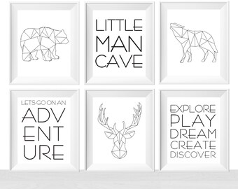 Printable Playroom Quote Wall Art Prints, Geometric Animals, Bear, Wolf, Deer, Black and White, Minimalist Wall Art Decor Posters, Nursery