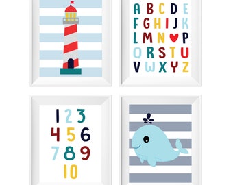 Printable Nursery Wall Art Nautical Theme, ABC Alphabet and Numbers 1-10, Lighthouse and Whale, Gender Neutral Playroom Print, Blue Stripe