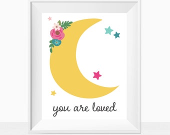 Printable Baby Nursery Wall Art, You Are Loved Quote, Moon with Flowers, Colorful Kids Playroom Decor, Girl Minimalist Room Print