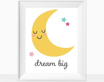 Printable Baby Nursery Wall Art, Dream Big Moon Quote, Colorful Kids Playroom Decor, Gender Neutral Minimalist Room Print, Cute Ideas