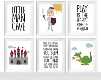 Printable Knight and Dragon Theme Baby Toddler Boys Room Instant Download Nursery Bedroom Wall Art Decor Quotes, Playroom Kids Poster Set