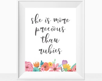 Printable Baby Girl Nursery Wall Art Quote Floral Print, She is More Precious Than Rubies, Colorful Minimalist Bible Verse, Toddler