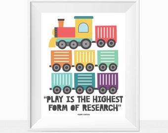 Printable Train Nursery Wall Art, Cute Baby Bedroom Decor Ideas, Play is the Highest Form of Research Quote, Boys Room Print, Childrens