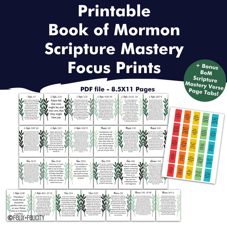 Printable 8.5x11 Book of Mormon Scripture Mastery Verses Focus Prints and Page Tab Markers 2024 Come Follow Me Seminary Study LDS Institute imagem 1