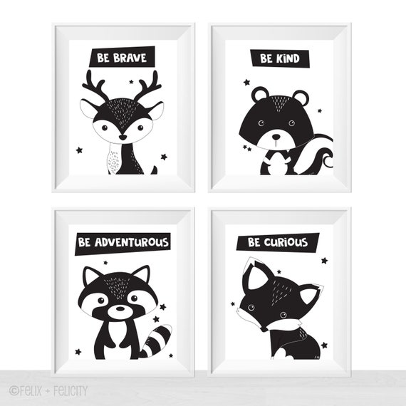Printable Forest Animals, Black and White Wall Art, Nursery Theme Idea, Children Kids Playroom Quote Posters, Fox Deer Raccoon Squirrel Il_570xn