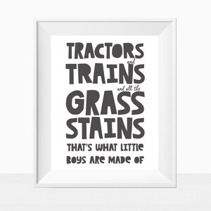 AFDRUKBARE tractoren, treinen en grasvlekken rijm jongenskamer decor kinderkamer modern thema typografie belettering print minimalistische moderne muurkunst