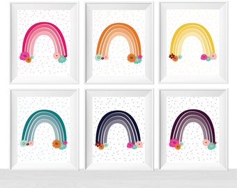 Printable Set of 6 Rainbows For Kids Playroom, Flower Floral Rainbow Baby Girl Nursery Toddler Minimalist Wall Art Home Decor Prints