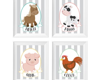 Printable Nursery Baby Toddler Farm Animal Noises Theme Wall Art Print, Bedroom Ideas, Oink Neigh Moo Cluck, Chicken Pig Cow Horse, Stripe