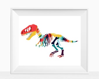 Printable Wall Art - Colorful Dino Skeleton - Boy Room Decor - Modern Home Print - Dinosaur Instant Download - Rainbow Theme Print