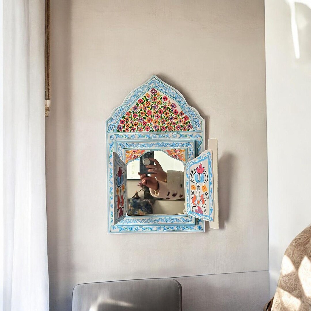 Miroir Mural Rond Incrusté D'os - Diamètre 21 Pouces (53 Cm) - Fait Main En Inde - Neuf