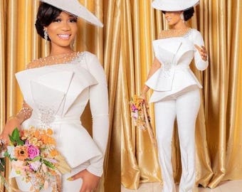 White Civil jumpsuit, court wedding beaded jumpsuit, second outfit Women’s outfit, prom