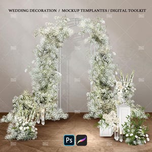WHITE FLORA Baby&#39;s Breath Flowers Arch Wedding Ceremony Visual Mockup,  Ceremony Design Template Bundle, Wedding Design Templates