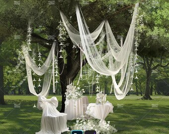 May include: A wedding decoration mockup featuring white draping, floral arrangements, and a decorated chair. The scene is set outdoors with a tree and green grass. The text "WEDDING DECORATION / MOCKUP TEMPLANTES / DIGITAL TOOLKIT" is visible.
