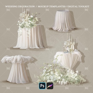 Op de afbeelding: Afbeelding van mockups voor huwelijksdecoratie. Tafels zijn gedrapeerd met witte stof, versierd met bloemen, kaarsen en andere elementen. De tekst "WEDDING DECORATION / MOCKUP TEMPLANTES / DIGITAL TOOLKIT" is zichtbaar. De Photoshop- en Procreate-logo's zijn ook aanwezig.