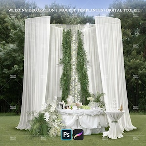 May include: A wedding decoration mockup featuring a white draped backdrop with greenery and floral arrangements. A table is set with a cake, champagne flutes, and other decorative items. The text "WEDDING DECORATION / MOCKUP TEMPLANTES / DIGITAL TOOLKIT" is visible.