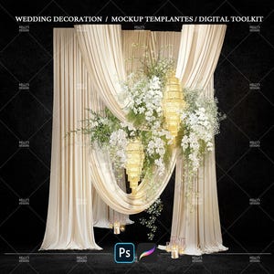 May include: A wedding decoration mockup featuring cream-colored drapes, white floral arrangements, and hanging chandeliers. The design includes the text "WEDDING DECORATION / MOCKUP TEMPLANTES / DIGITAL TOOLKIT" and the "Kelly's Designs" logo.