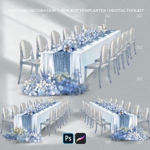 May include: A mockup template for wedding decorations featuring a long white table with blue linens and blue floral arrangements. The table is set with clear ghost chairs. The image includes the text "Wedding Decoration / Mockup Templates / Digital Toolkit".