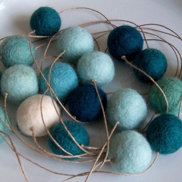 Seafoam Garland  --  a strand of  felt balls strung on antique French flax -  OOAK - about 9 feet long - 18 felt balls