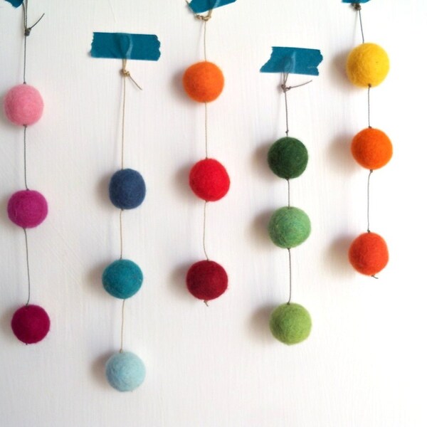 Rainbow Color Drop ornaments  --  Five with 3 felt balls each, 5 to 7 inches (13 -18cm) long -- ready to ship