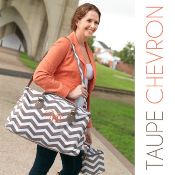 Taupe Chevron Weekend Tote Luggage Overnight Bag Monogrammed