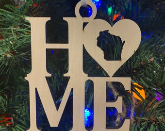 Wisconsin Home Ornament: Heart Cutout, Birch Plywood