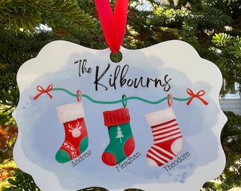 Christmas stocking custom name family ornament 3.95” x 2.76” one side Benelux shaped aluminum personalized