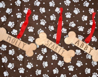 Custom Dog Bone Christmas Ornament: Engraved Pet Name, Wood Xmas Decor