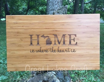 Michigan Home is where the heart is Engraved Bamboo Cutting Board Wedding Gift