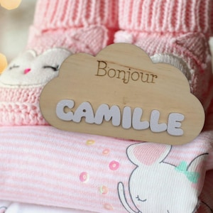 Carte naissance Nuage prénom personnalisé en bois et impression 3D, Décoration photo bébé, Cadeau naissance original, annonce naissance