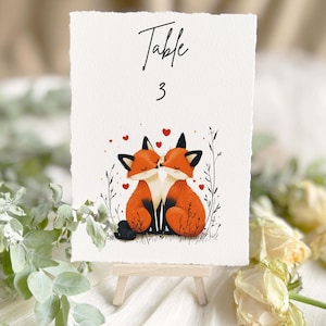 Orange fox wedding table number, Personalized fox wedding stationery, Fox couple wedding table decoration