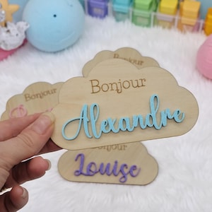 Carte naissance Nuage prénom personnalisé en bois et impression 3D, Décoration photo bébé, Cadeau naissance original, annonce naissance
