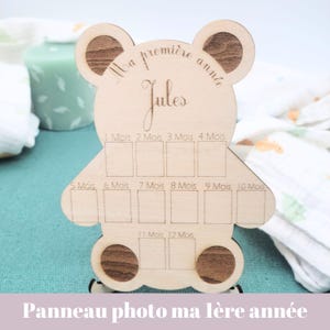 Panneau bois ours  Ma Première Année, Cadre Photos Pêle-Mêle Ours en Bois Personnalisé, Panneau photo souvenir ourson, cadeau naissance